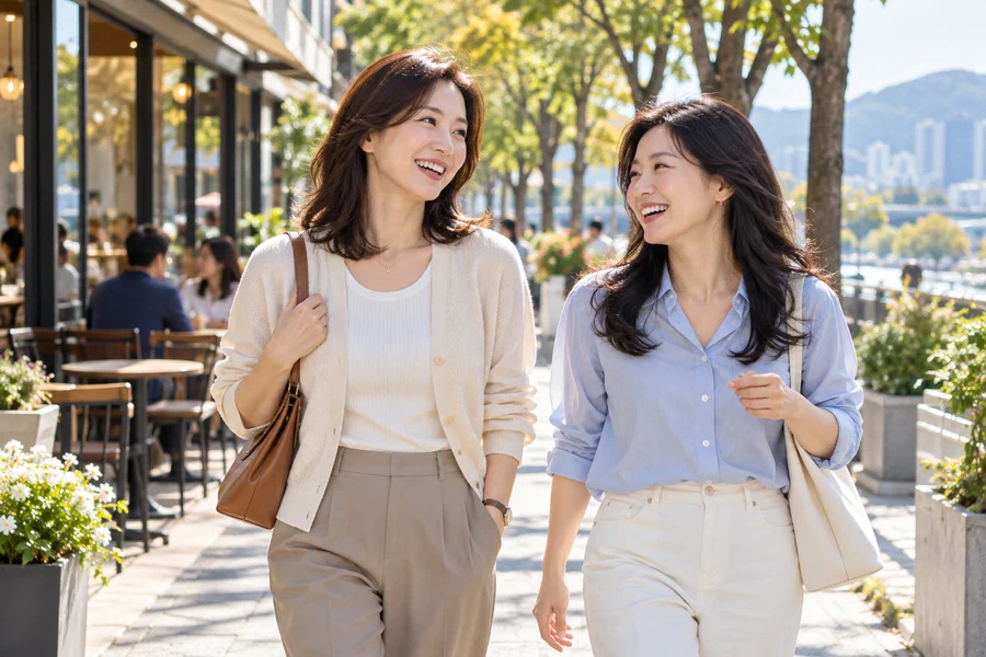 햇살 좋은 거리를 웃으며 함께 걷는 두 여성