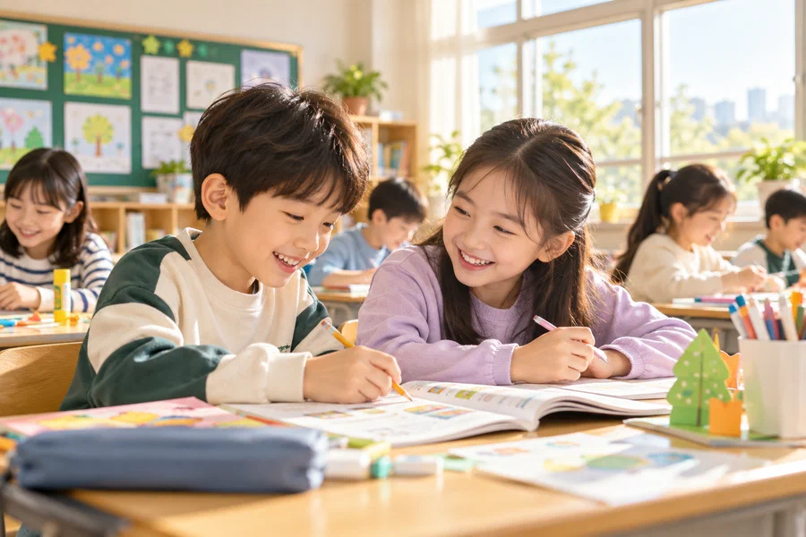 교실에서 친구와 웃으며 공부하는 초등학생들