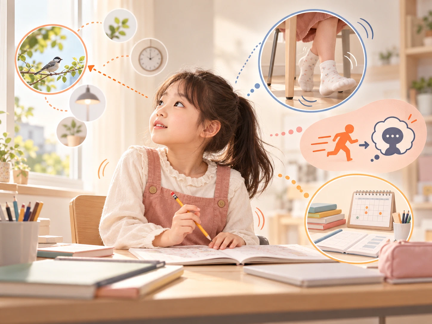 ADHD 인포그래픽: 창밖·시계·조명 등 주변 자극으로 쉽게 옮겨가는 주의, 가만히 있지 못하는 발, 생각보다 먼저 나오는 행동, 숙제와 일정 관리의 어려움
