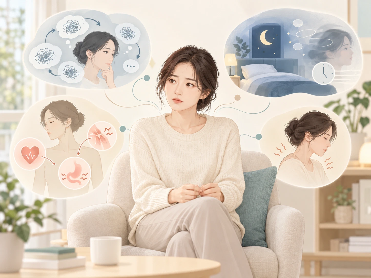 불안장애 인포그래픽: 멈추지 않고 맴도는 걱정, 잠들기 어려운 밤, 두근거림·소화 불편·근육 긴장 같은 몸의 증상, 계속되는 긴장과 예민함