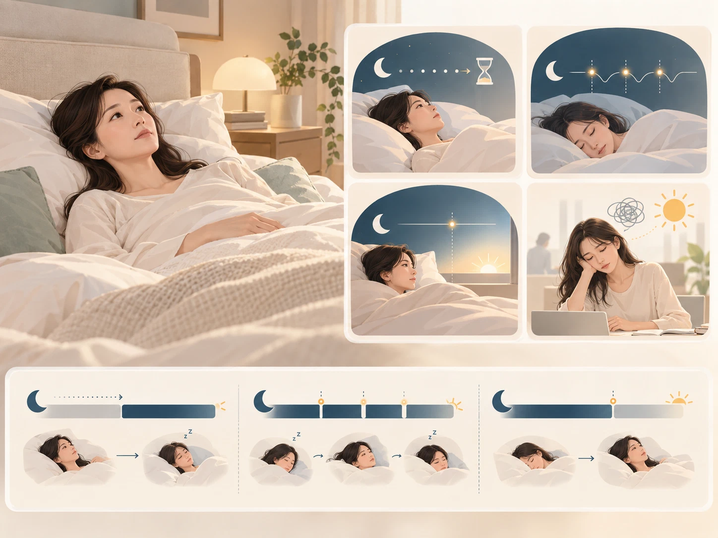 불면증 인포그래픽: 잠들기까지 오래 걸리는 입면 어려움, 밤중에 자주 깨는 수면, 너무 이른 새벽 각성, 낮 동안의 피로와 집중력 저하