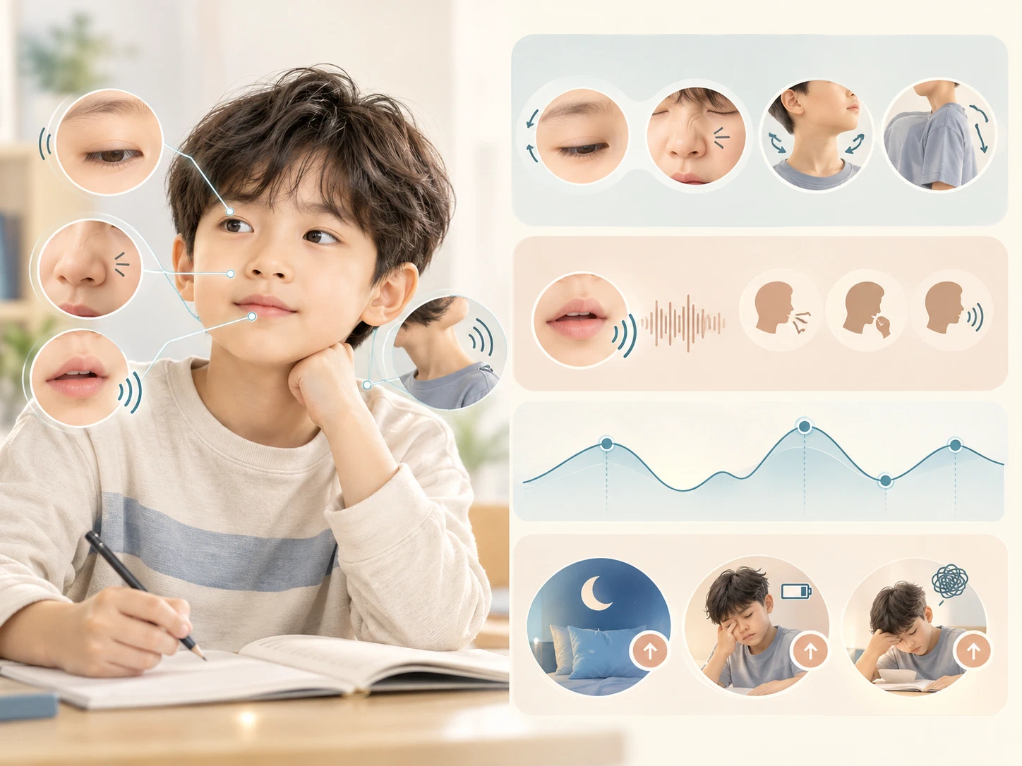 틱장애 인포그래픽: 눈 깜빡임·코 찡긋·목과 어깨 움직임 같은 운동틱, 헛기침·킁킁거림 같은 음성틱, 시기에 따라 오르내리는 증상의 변화, 수면 부족·피로·긴장에 따라 심해지는 모습
