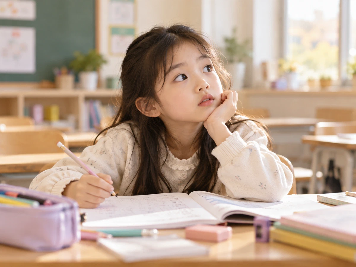 교실에서 공부하다 다른 곳을 바라보는 초등학생의 모습