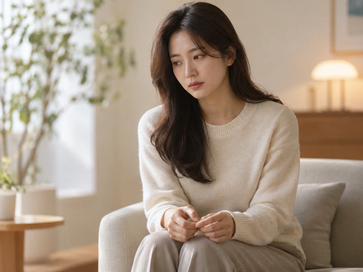 걱정스러운 표정으로 앉아 있는 성인 여성