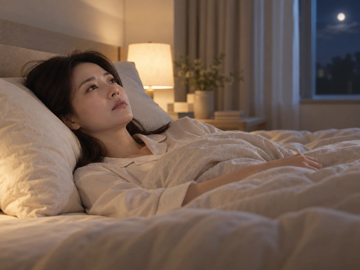 밤에 잠들지 못하고 누워 있는 성인 여성