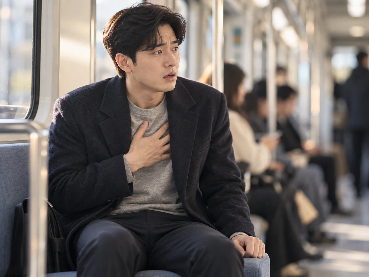 지하철에서 가슴을 짚으며 불안해하는 성인 남성